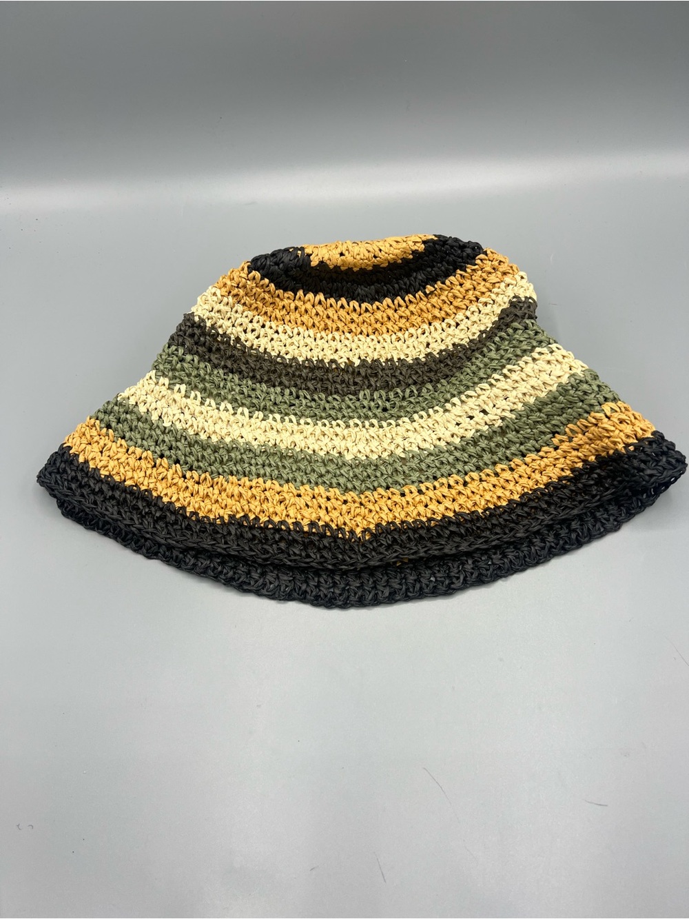 Universal Thread Striped Straw Paper Bucket Hat in Black, Mustard & Olive